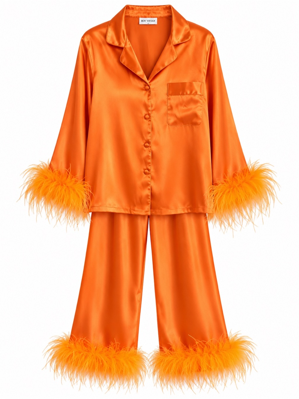 Bon Viviann Orange Satin Pajama Set Size L Feather Trim Button Up Pants